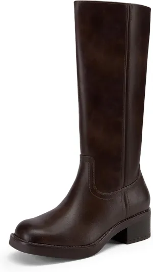DREAM PAIRS Womens Knee High Boots Square Toe Platform Chunky Block Heel Banana Campus Boots for Women Comfortable Low Heel Side Zipper Womens Riding Tall Boots