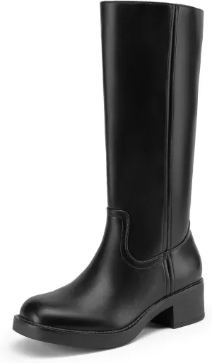 DREAM PAIRS Womens Knee High Boots Square Toe Platform Chunky Block Heel Banana Campus Boots for Women Comfortable Low Heel Side Zipper Womens Riding Tall Boots