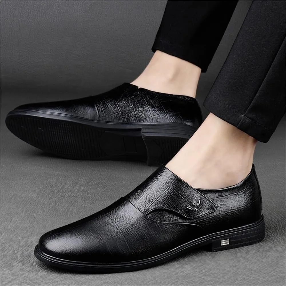 Dress Formal Shoes for Mens Pu Leather Uniform Slip-on Plain Toe Party Wedding Non Slip Rubber Sole Low Top Classic