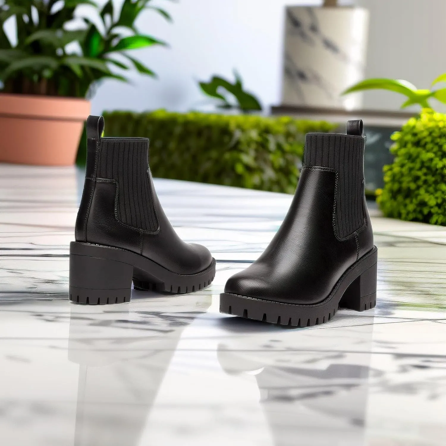 EETTARO Women's Chunky Heel Ankle Boots Lug Sole Platform Elastic Chelsea Boot Fashion Almond Toe Stretch Slip-On Booties