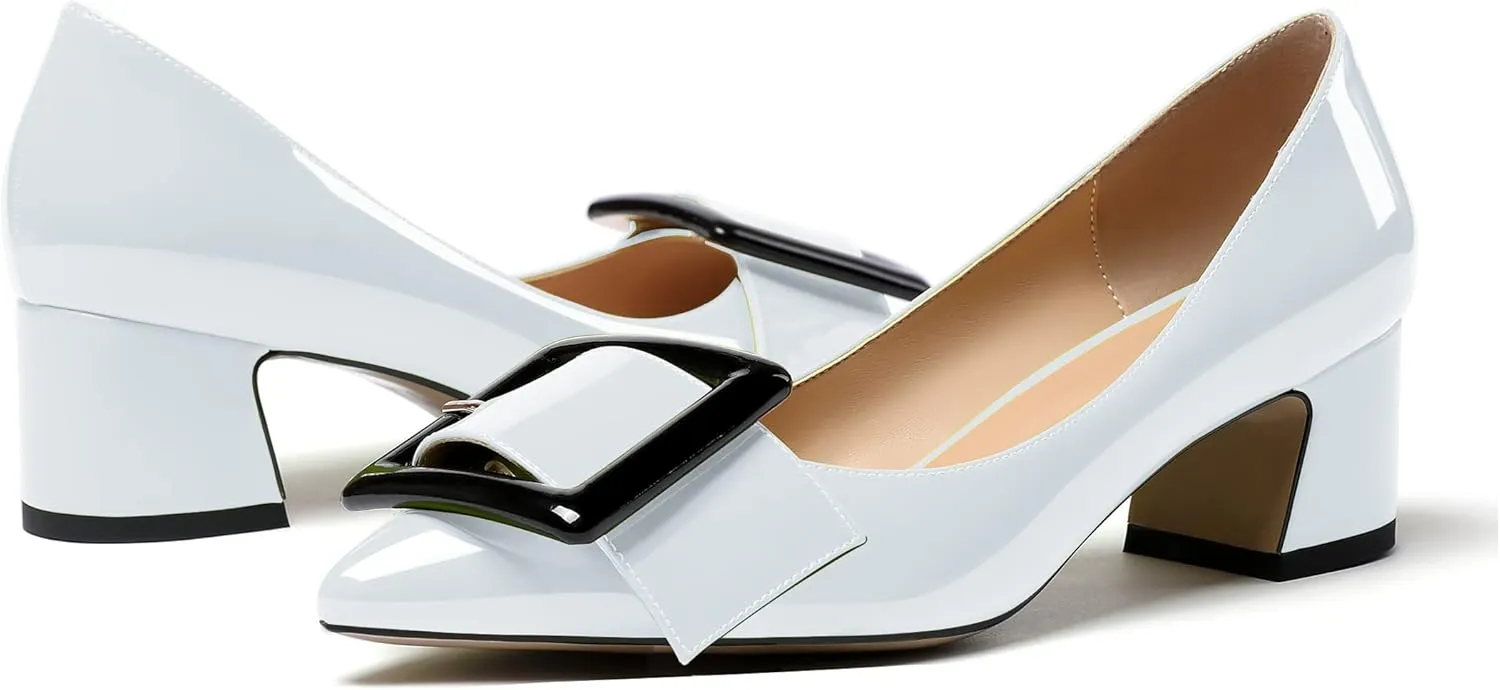 Eldof Pointed Toe Pumps,Classy 2 Inches Block Heel Chic Pumps, Confort Buckle Heel for Office Wedding Dress