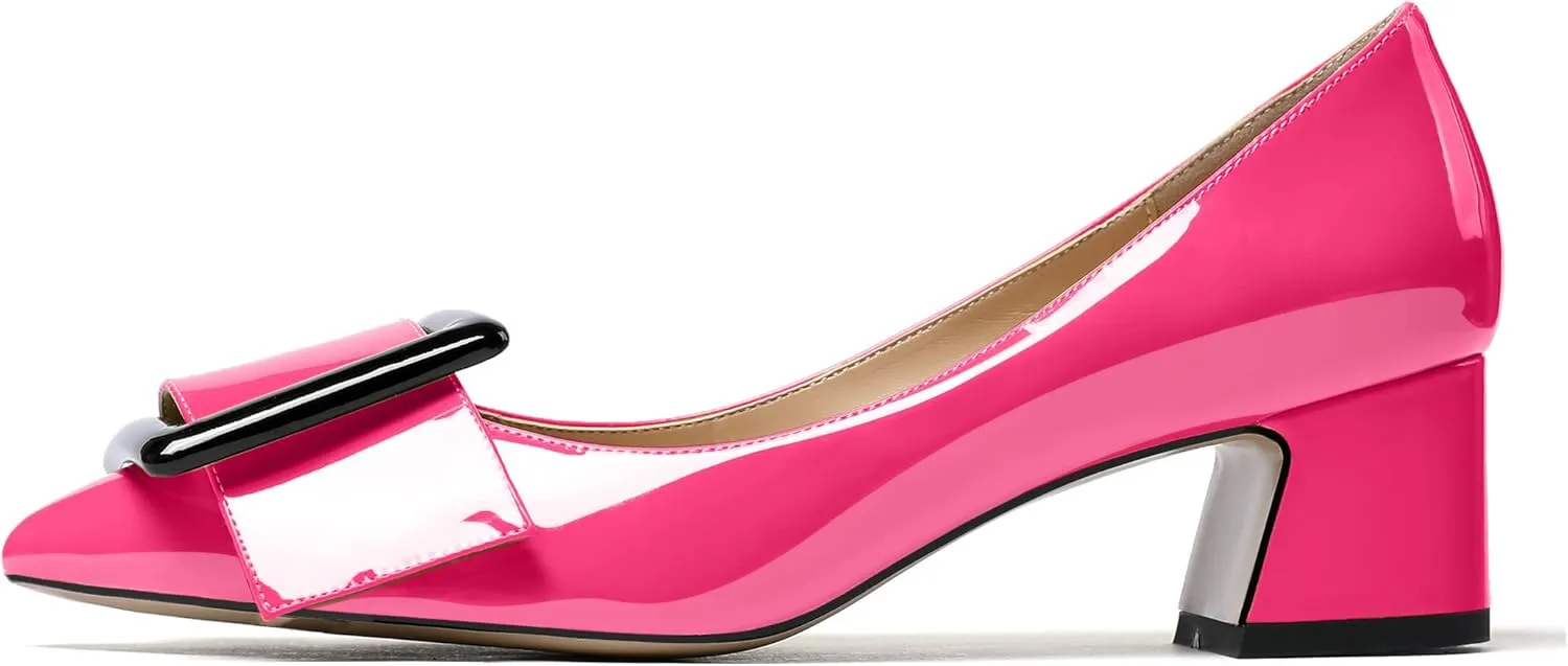Eldof Pointed Toe Pumps,Classy 2 Inches Block Heel Chic Pumps, Confort Buckle Heel for Office Wedding Dress