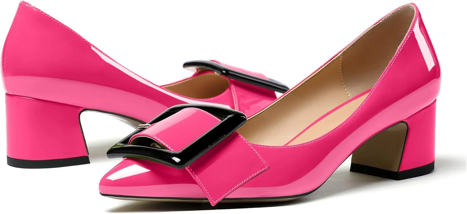 Eldof Pointed Toe Pumps,Classy 2 Inches Block Heel Chic Pumps, Confort Buckle Heel for Office Wedding Dress
