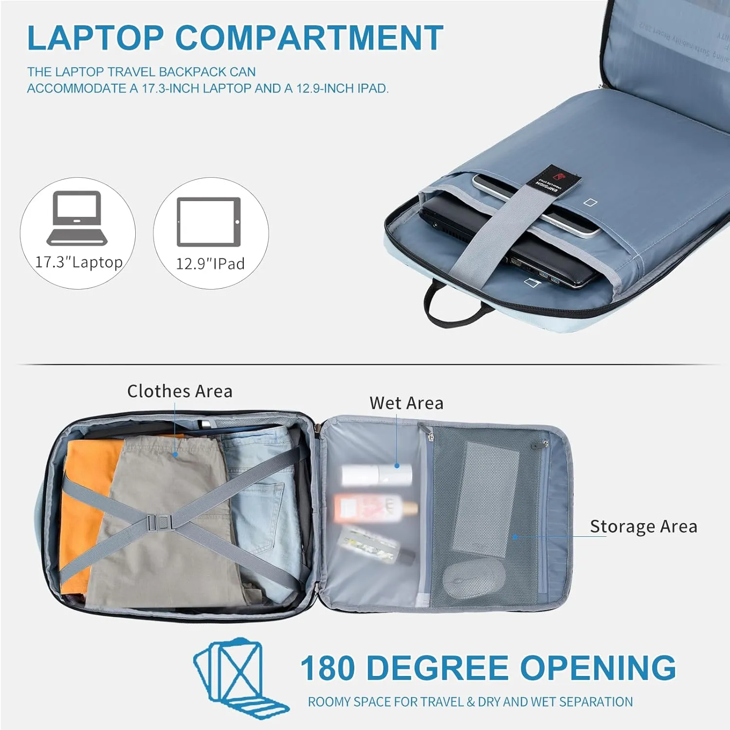 EMPSIGN Travel Backpack for Women, Large Carry On Backpack Airline Approved Personal Item, 17 inch TSA Friendly Laptop Backpack with USB Port, Casual Daypack for Weekender Business Hiking, Light Blue
