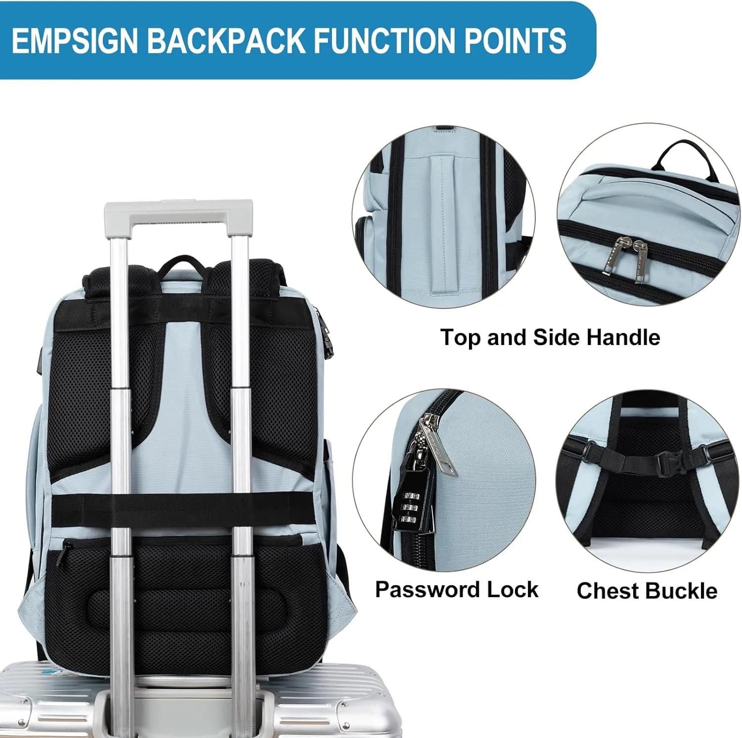 EMPSIGN Travel Backpack for Women, Large Carry On Backpack Airline Approved Personal Item, 17 inch TSA Friendly Laptop Backpack with USB Port, Casual Daypack for Weekender Business Hiking, Light Blue