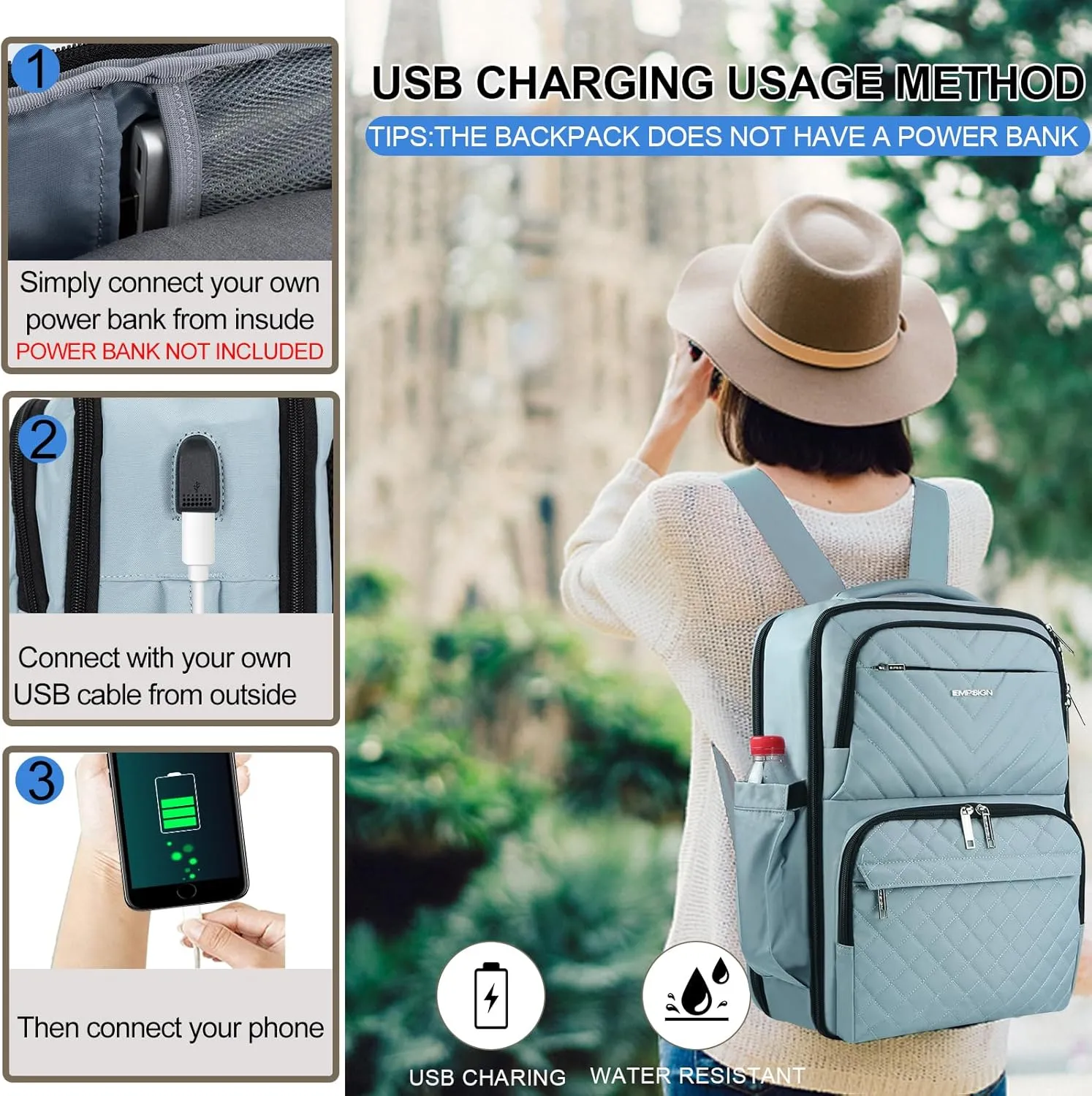 EMPSIGN Travel Backpack for Women, Large Carry On Backpack Airline Approved Personal Item, 17 inch TSA Friendly Laptop Backpack with USB Port, Casual Daypack for Weekender Business Hiking, Light Blue
