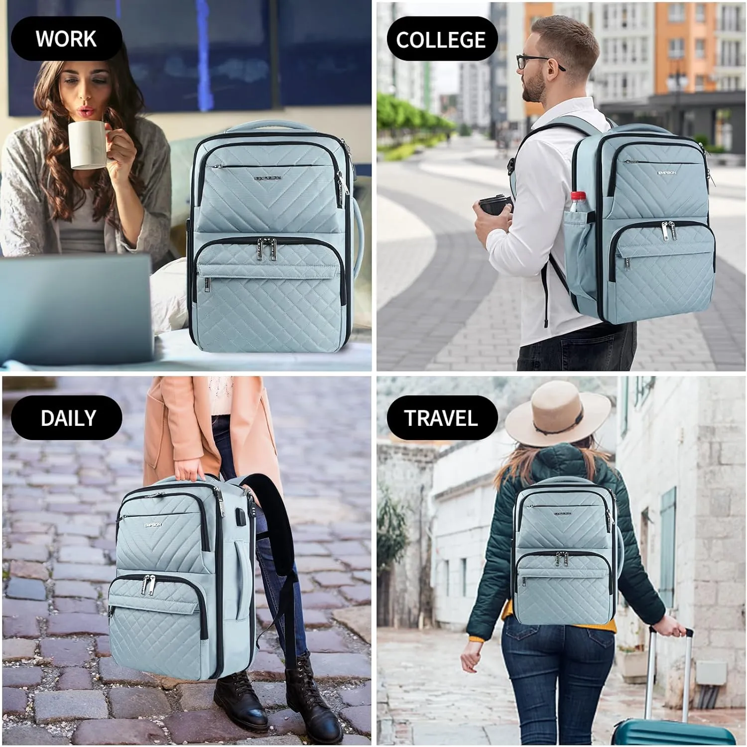 EMPSIGN Travel Backpack for Women, Large Carry On Backpack Airline Approved Personal Item, 17 inch TSA Friendly Laptop Backpack with USB Port, Casual Daypack for Weekender Business Hiking, Light Blue