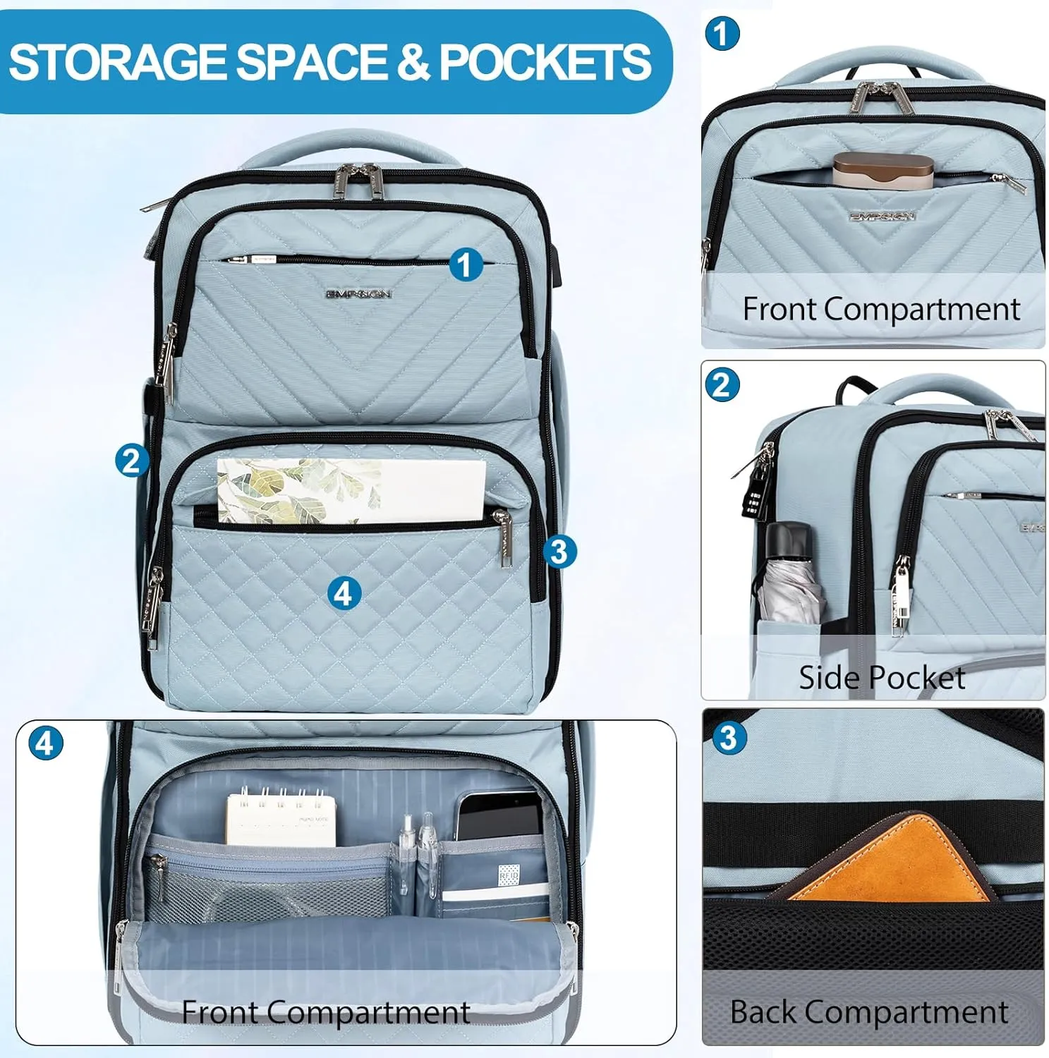 EMPSIGN Travel Backpack for Women, Large Carry On Backpack Airline Approved Personal Item, 17 inch TSA Friendly Laptop Backpack with USB Port, Casual Daypack for Weekender Business Hiking, Light Blue