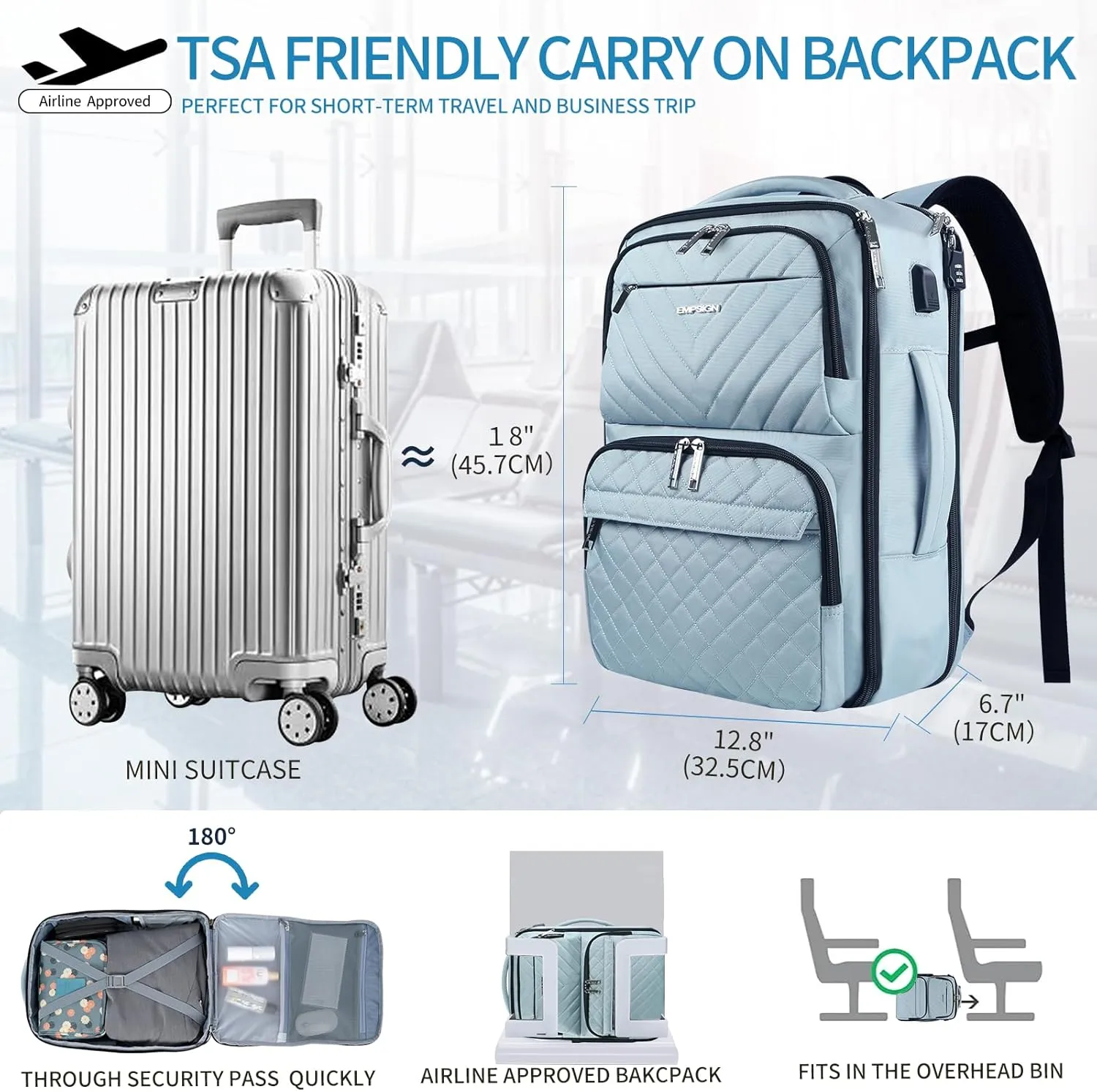 EMPSIGN Travel Backpack for Women, Large Carry On Backpack Airline Approved Personal Item, 17 inch TSA Friendly Laptop Backpack with USB Port, Casual Daypack for Weekender Business Hiking, Light Blue
