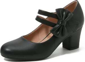 Enelauge Women's Mary Jane Heels with Bow Retro Closed Round Toe Pumps Sweet Ankle Strap Low Block Heels Chic Bowtie Vintage Dress Wedding Party Office Daily Shoes