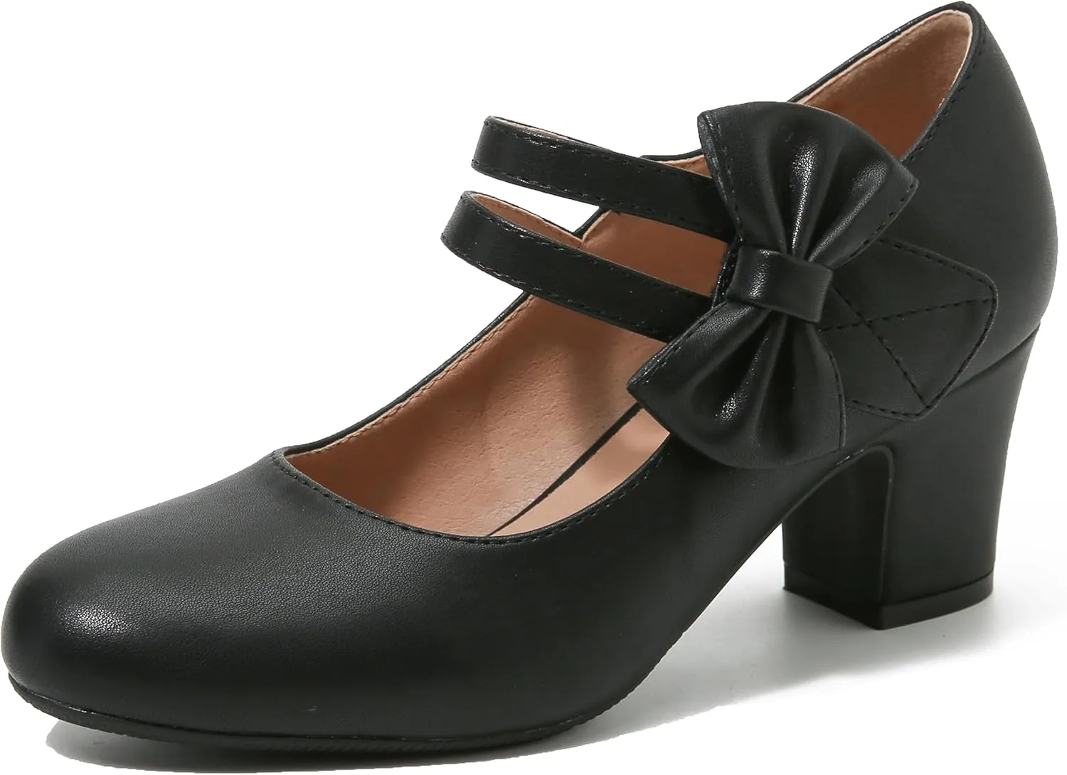 Enelauge Women's Mary Jane Heels with Bow Retro Closed Round Toe Pumps Sweet Ankle Strap Low Block Heels Chic Bowtie Vintage Dress Wedding Party Office Daily Shoes