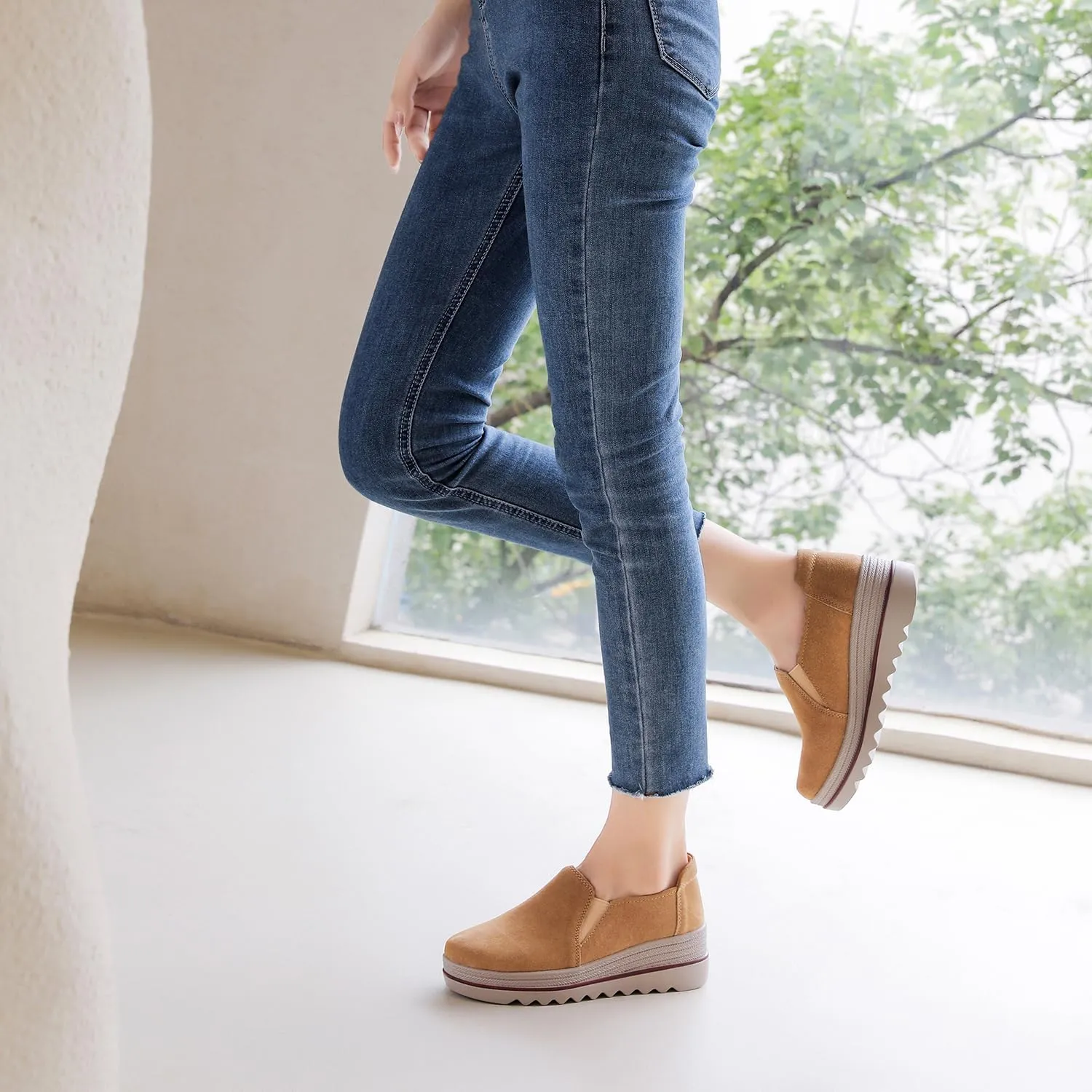 EnllerviiD Women's Platform Loafers Slip-On Comfortable Suede Moccasins Wedge Penny Loafers Casual Business Work Shoes