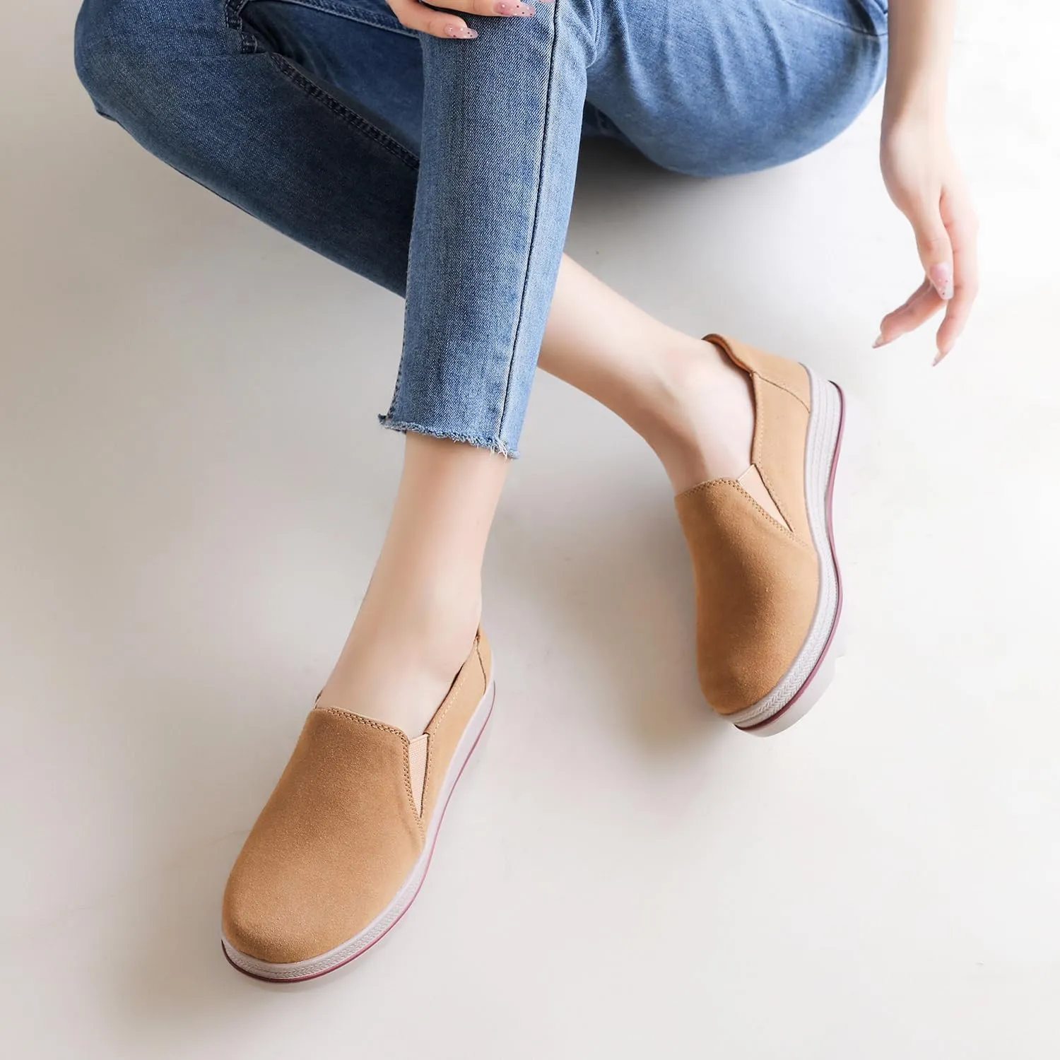 EnllerviiD Women's Platform Loafers Slip-On Comfortable Suede Moccasins Wedge Penny Loafers Casual Business Work Shoes