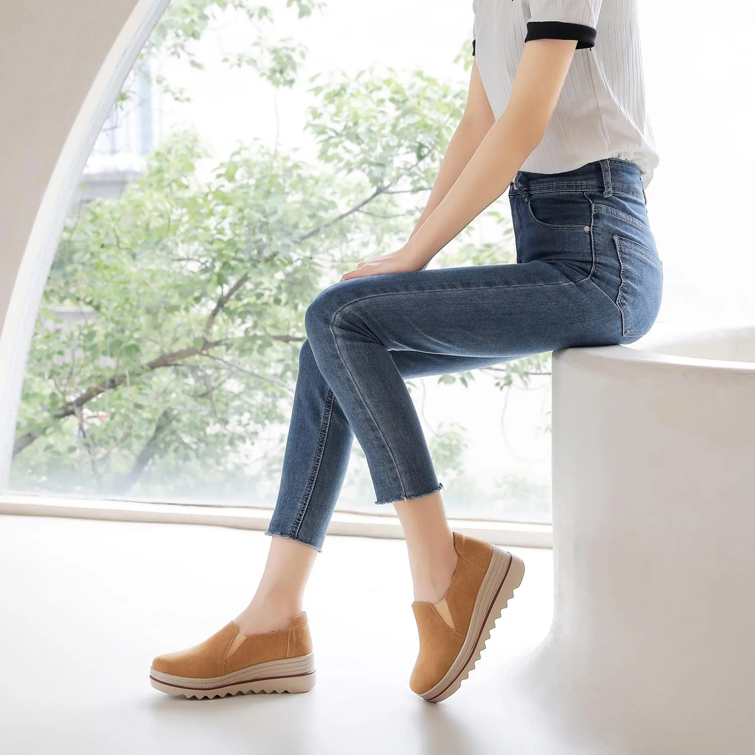 EnllerviiD Women's Platform Loafers Slip-On Comfortable Suede Moccasins Wedge Penny Loafers Casual Business Work Shoes