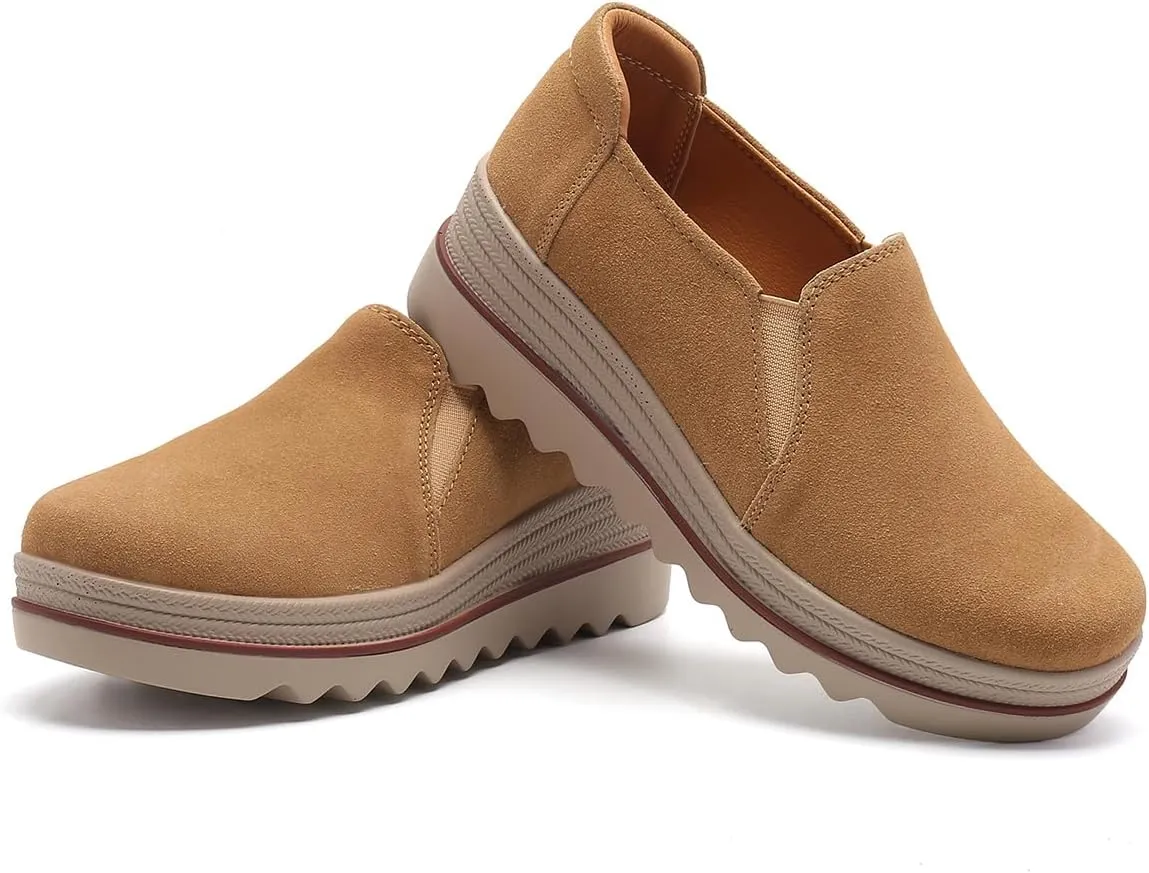 EnllerviiD Women's Platform Loafers Slip-On Comfortable Suede Moccasins Wedge Penny Loafers Casual Business Work Shoes