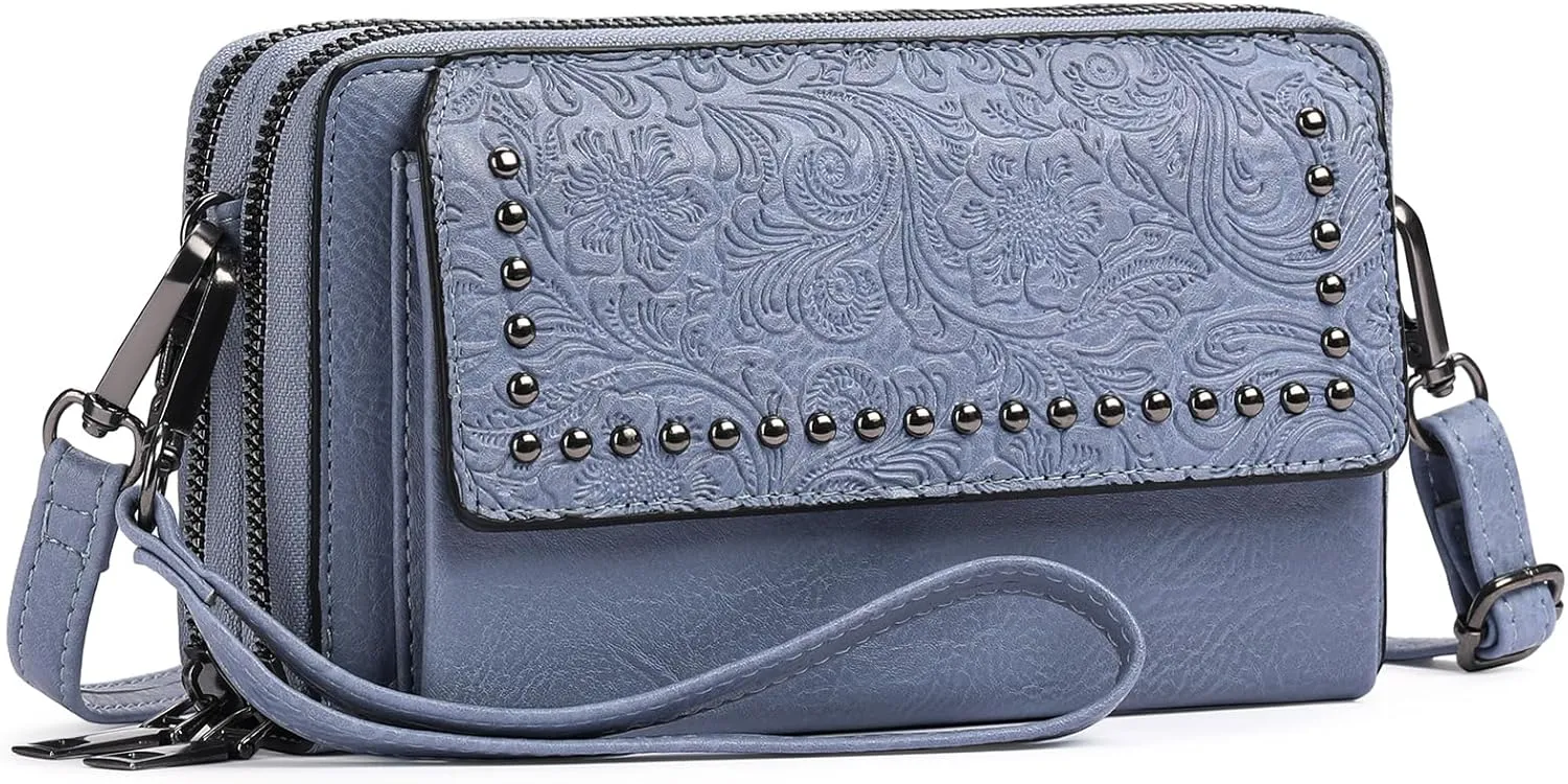 FALAN MULE Crossbody Bags for Women Small Leather Cell Phone Wallet Wristlet Purse with Zip Around 2 Strap