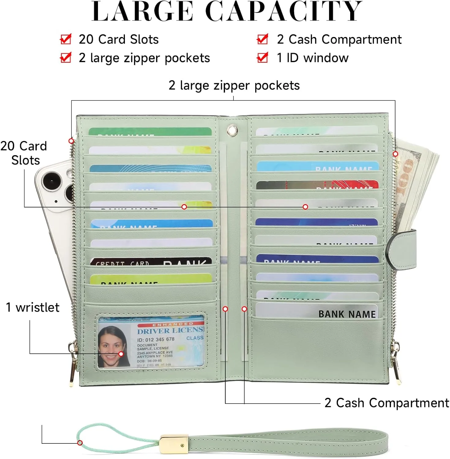 FALAN MULE Wallet Women Multi Card Slim Leather RFID Blocking Credit Card Holder Wallet Purse with Zipper Pocket