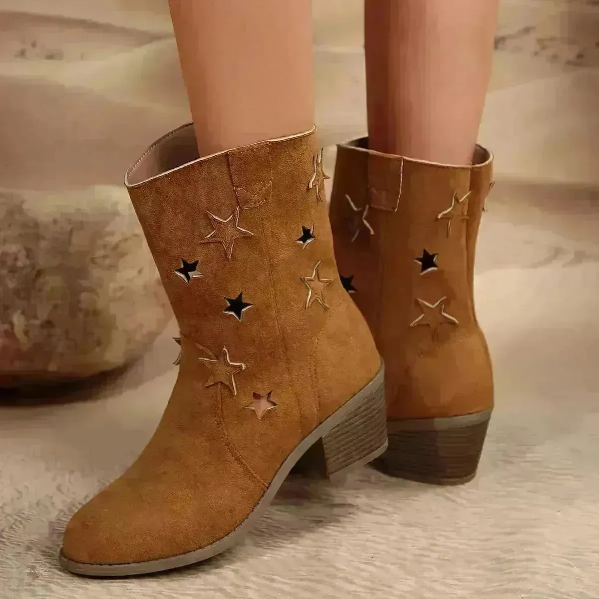 Fashion Mid-calf Boots With Hollow-stars Design Retro Pointed-toe Square Heel Western Boots For Women Fall And Winter Shoes
