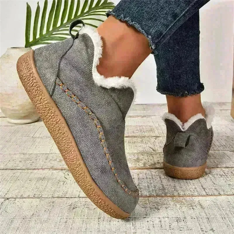 Fashion V-cut Plush Ankle Boots Winter Plus Velvet Flat Snow Boot Casual Warm Solid Suede Cotton Shoes For Women