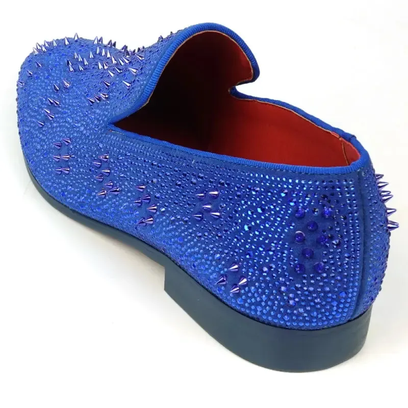 Fiesso FI-7516 Blue Suede Rhinestones Spikes Slip on Loafers