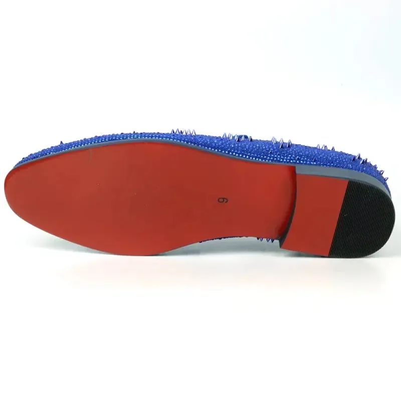 Fiesso FI-7516 Blue Suede Rhinestones Spikes Slip on Loafers
