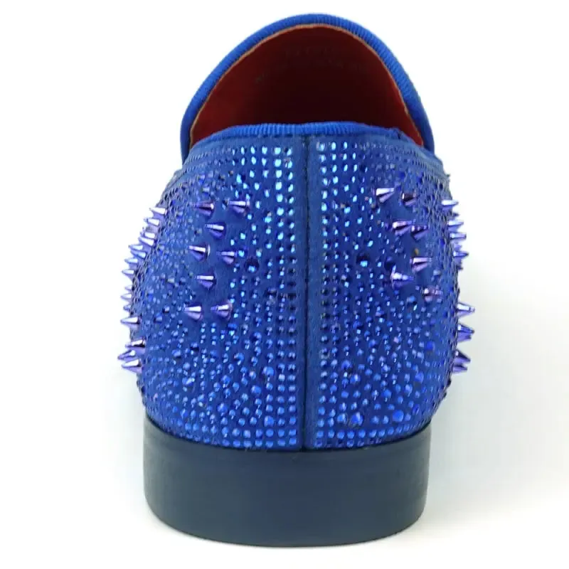 Fiesso FI-7516 Blue Suede Rhinestones Spikes Slip on Loafers