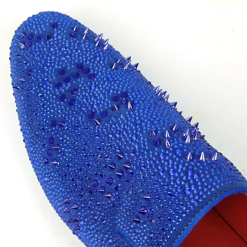 Fiesso FI-7516 Blue Suede Rhinestones Spikes Slip on Loafers