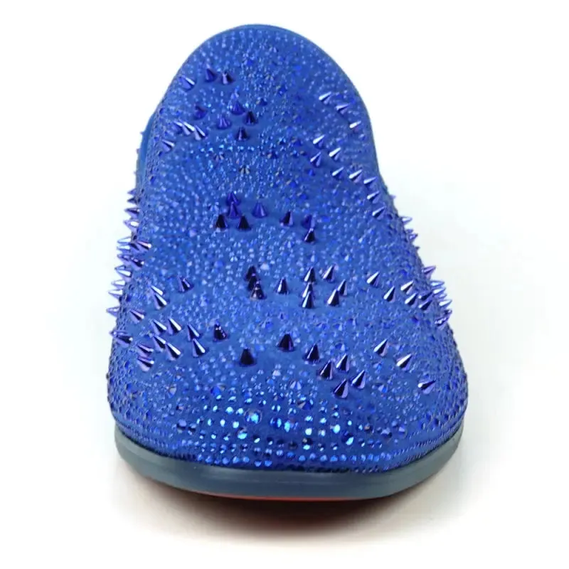 Fiesso FI-7516 Blue Suede Rhinestones Spikes Slip on Loafers