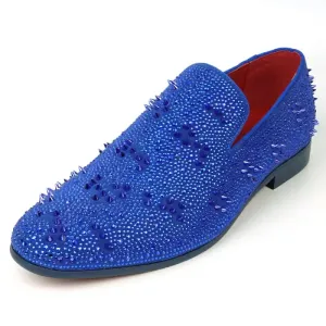 Fiesso FI-7516 Blue Suede Rhinestones Spikes Slip on Loafers