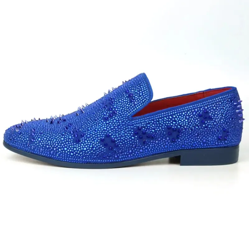 Fiesso FI-7516 Blue Suede Rhinestones Spikes Slip on Loafers