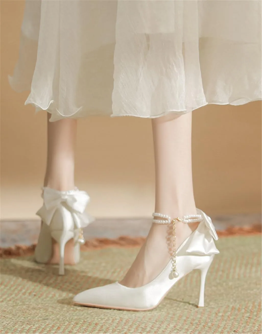 Fine Heel Pointed One Word Pearl Buckle with High Heels Lady Heel Bow Satin Fabric 7cm/2.76in Heels