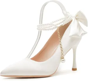 Fine Heel Pointed One Word Pearl Buckle with High Heels Lady Heel Bow Satin Fabric 7cm/2.76in Heels