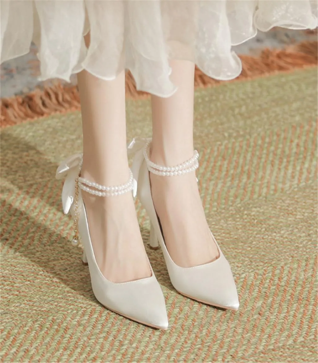 Fine Heel Pointed One Word Pearl Buckle with High Heels Lady Heel Bow Satin Fabric 7cm/2.76in Heels