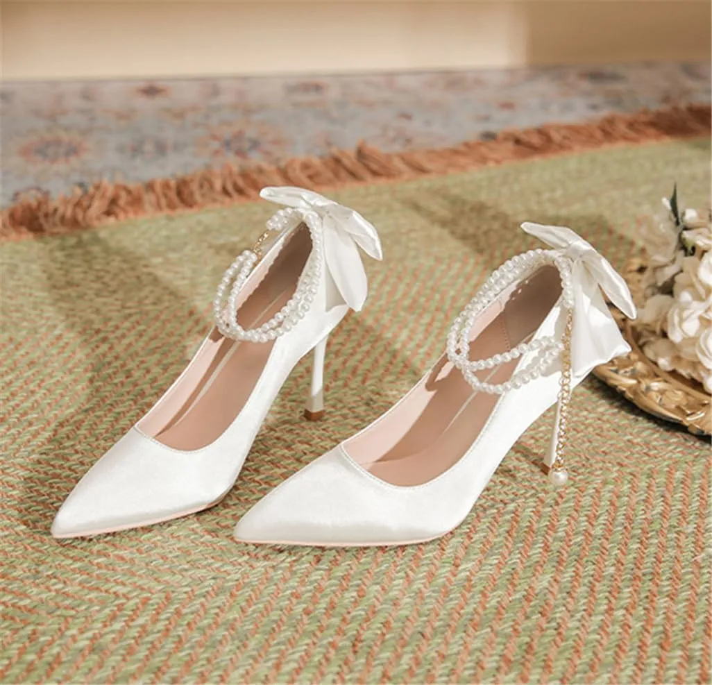 Fine Heel Pointed One Word Pearl Buckle with High Heels Lady Heel Bow Satin Fabric 7cm/2.76in Heels