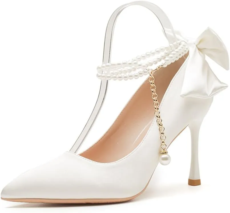 Fine Heel Pointed One Word Pearl Buckle with High Heels Lady Heel Bow Satin Fabric 7cm/2.76in Heels