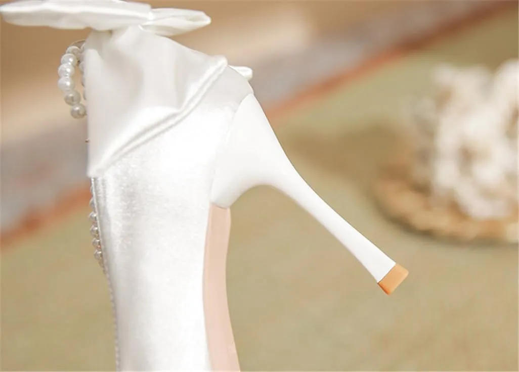 Fine Heel Pointed One Word Pearl Buckle with High Heels Lady Heel Bow Satin Fabric 7cm/2.76in Heels