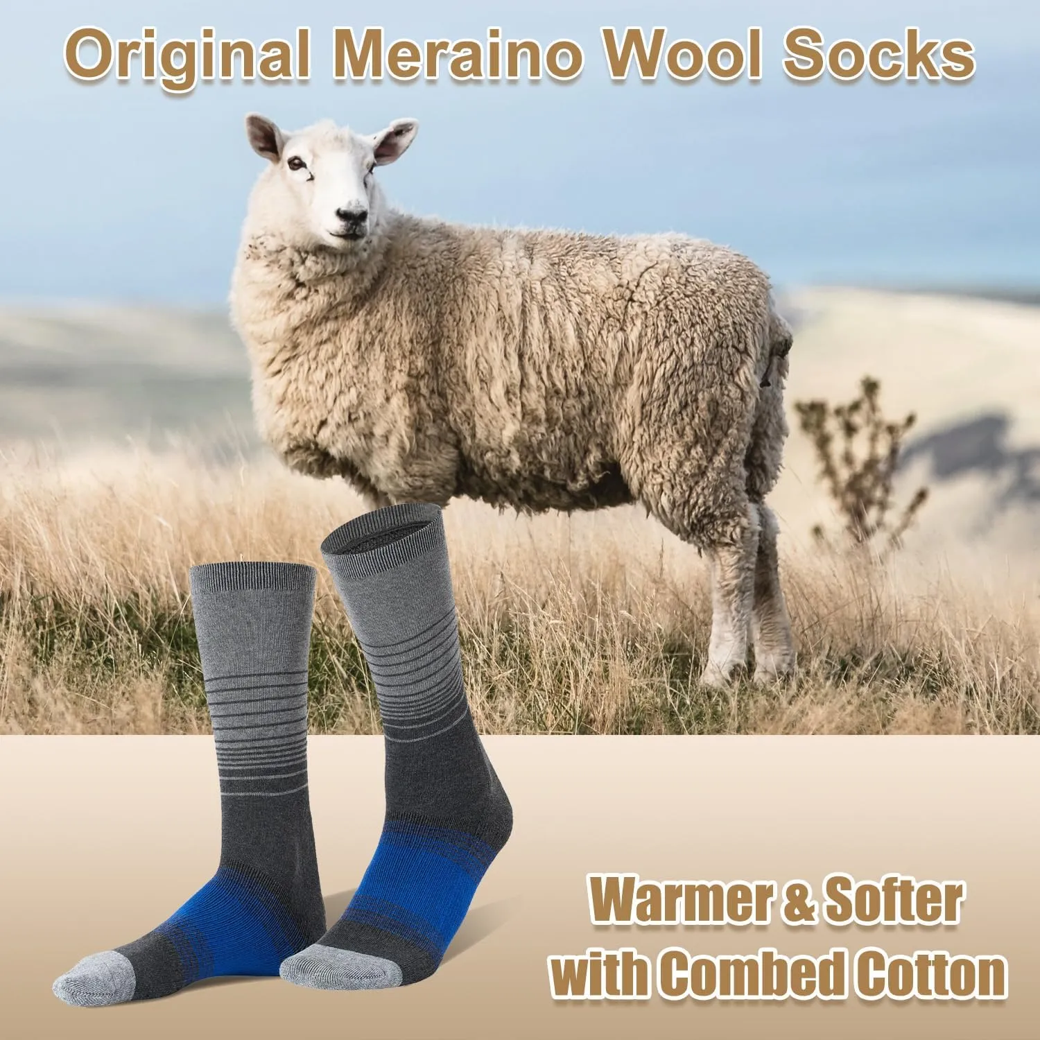 FITRELL 4 Pack Men's Merino Wool Hiking Socks, Wicking Cushioned, Warm Thermal Lightweight Boot Crew Dress Socks