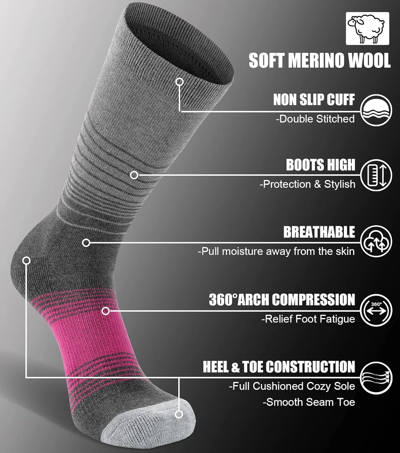 FITRELL 4 Pack Women's Merino Wool Hiking Socks Wicking Cushioned Warm Thermal Walking Boot Crew Socks Woollen Socks