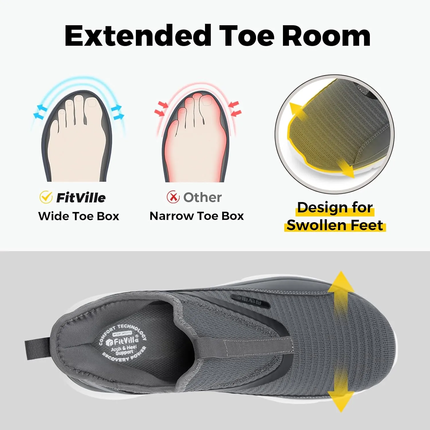 FitVille Men's Extra Wide Slip on Walking Shoes with Arch Support Men Slip on Sneakers for Foot Pain Relief-Stepease V2