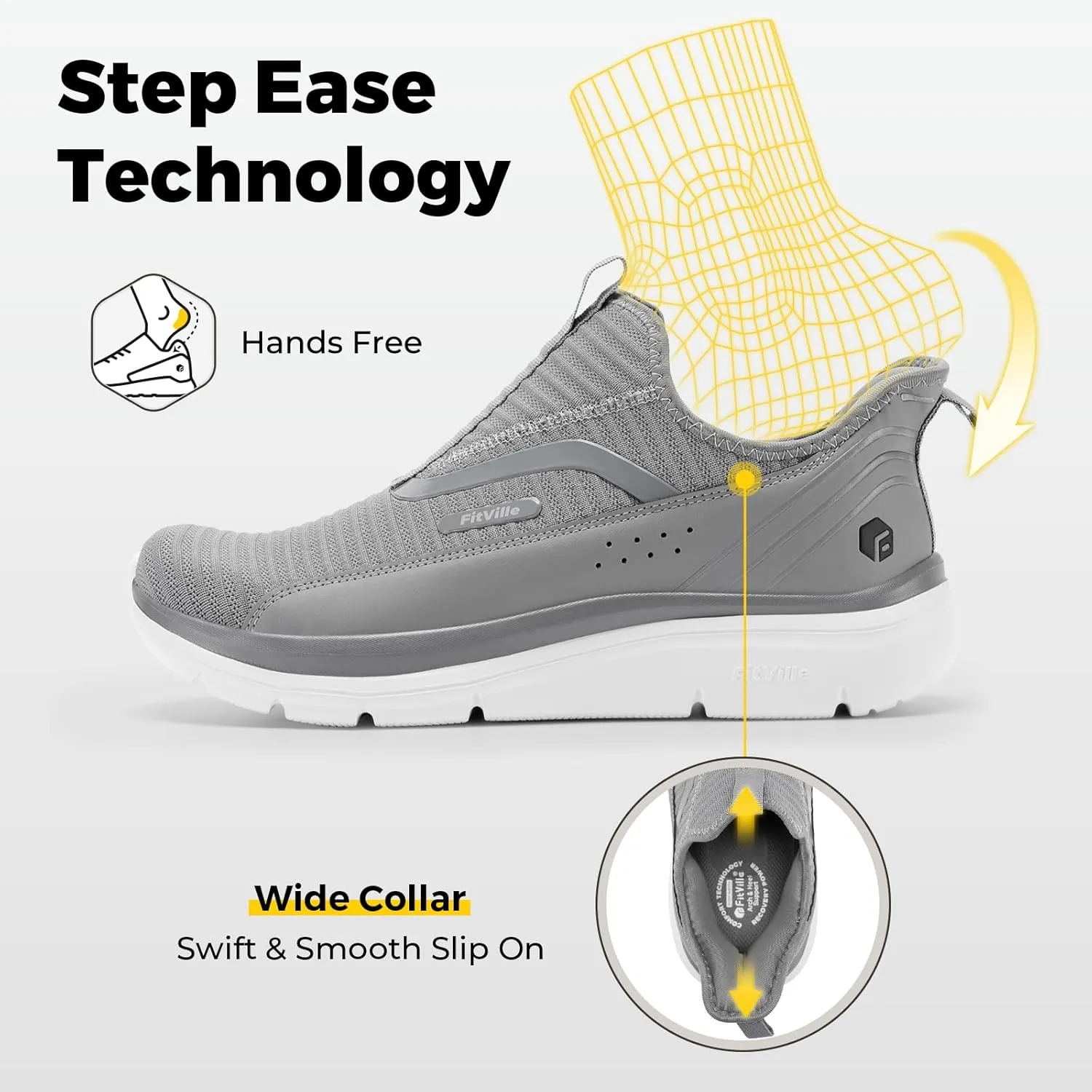 FitVille Men's Extra Wide Slip on Walking Shoes with Arch Support Men Slip on Sneakers for Foot Pain Relief-Stepease V2