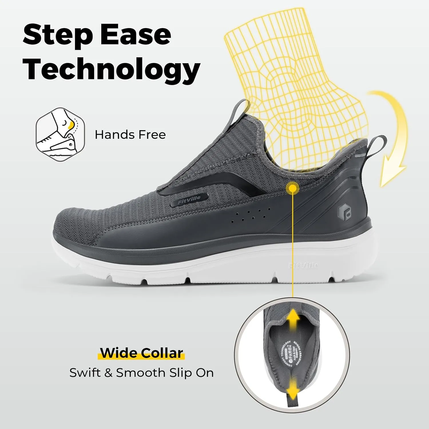 FitVille Men's Extra Wide Slip on Walking Shoes with Arch Support Men Slip on Sneakers for Foot Pain Relief-Stepease V2