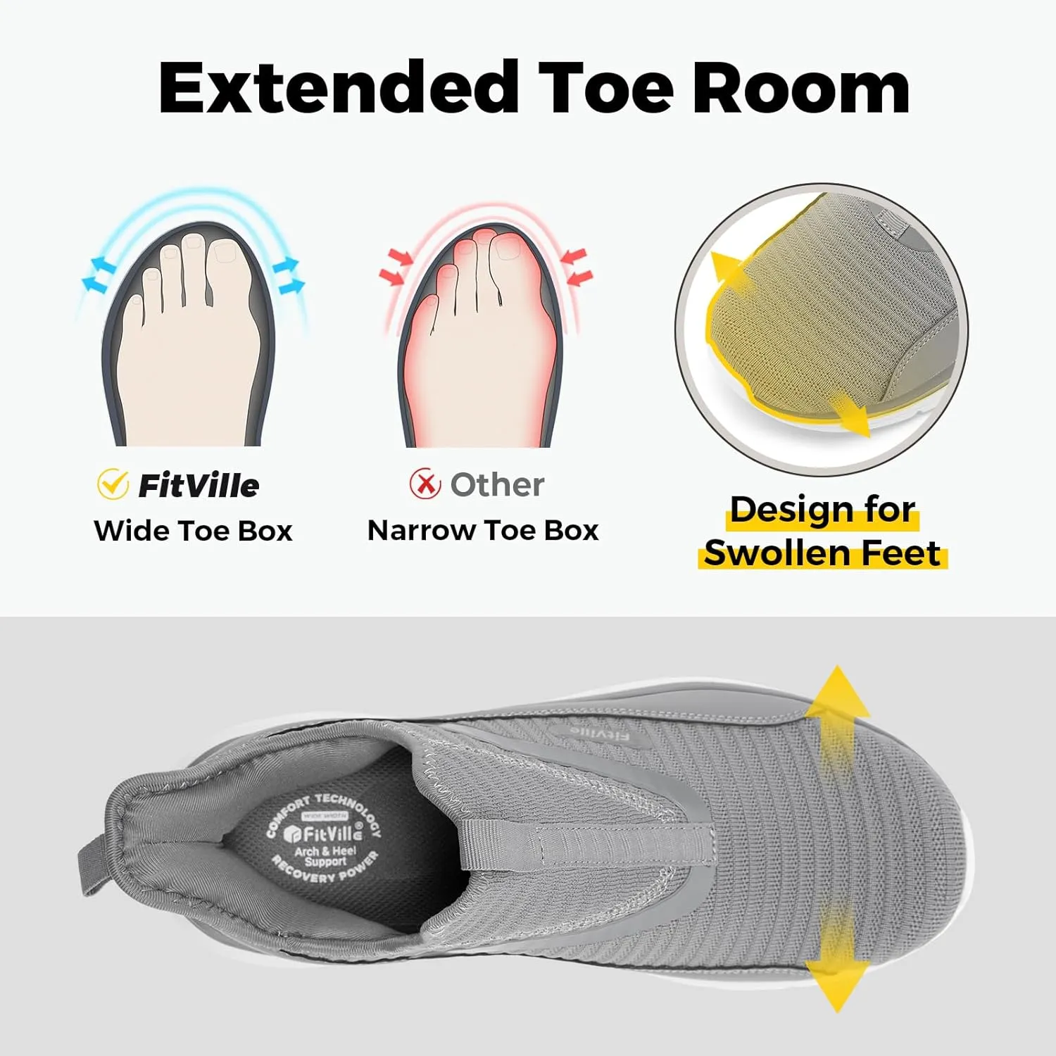 FitVille Men's Extra Wide Slip on Walking Shoes with Arch Support Men Slip on Sneakers for Foot Pain Relief-Stepease V2