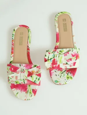 Flat One Strap Floral Bow Push In Mule Sandal - Floral