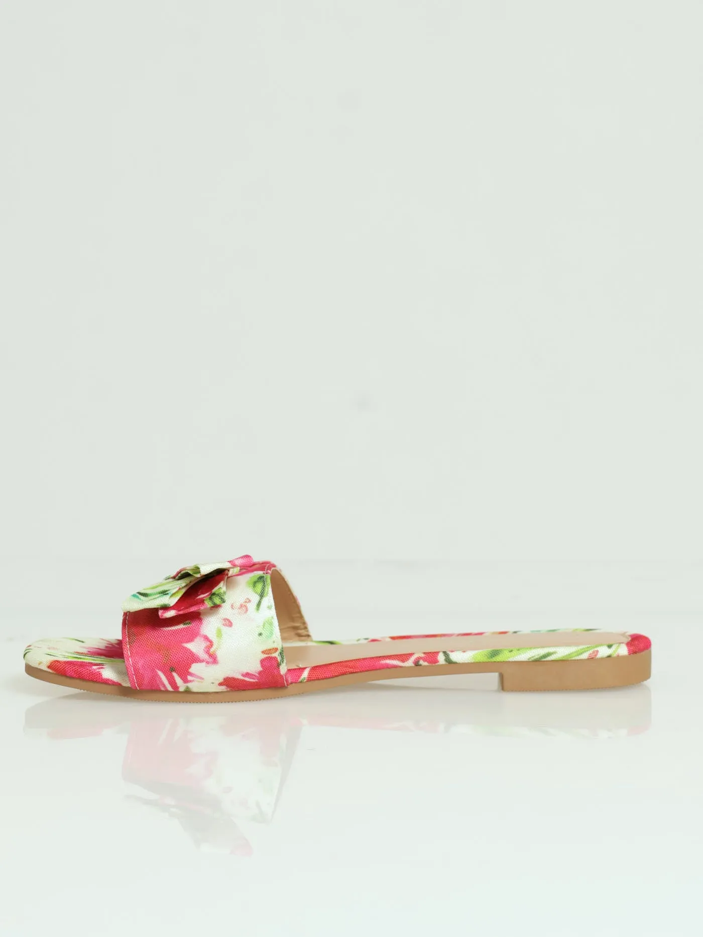 Flat One Strap Floral Bow Push In Mule Sandal - Floral