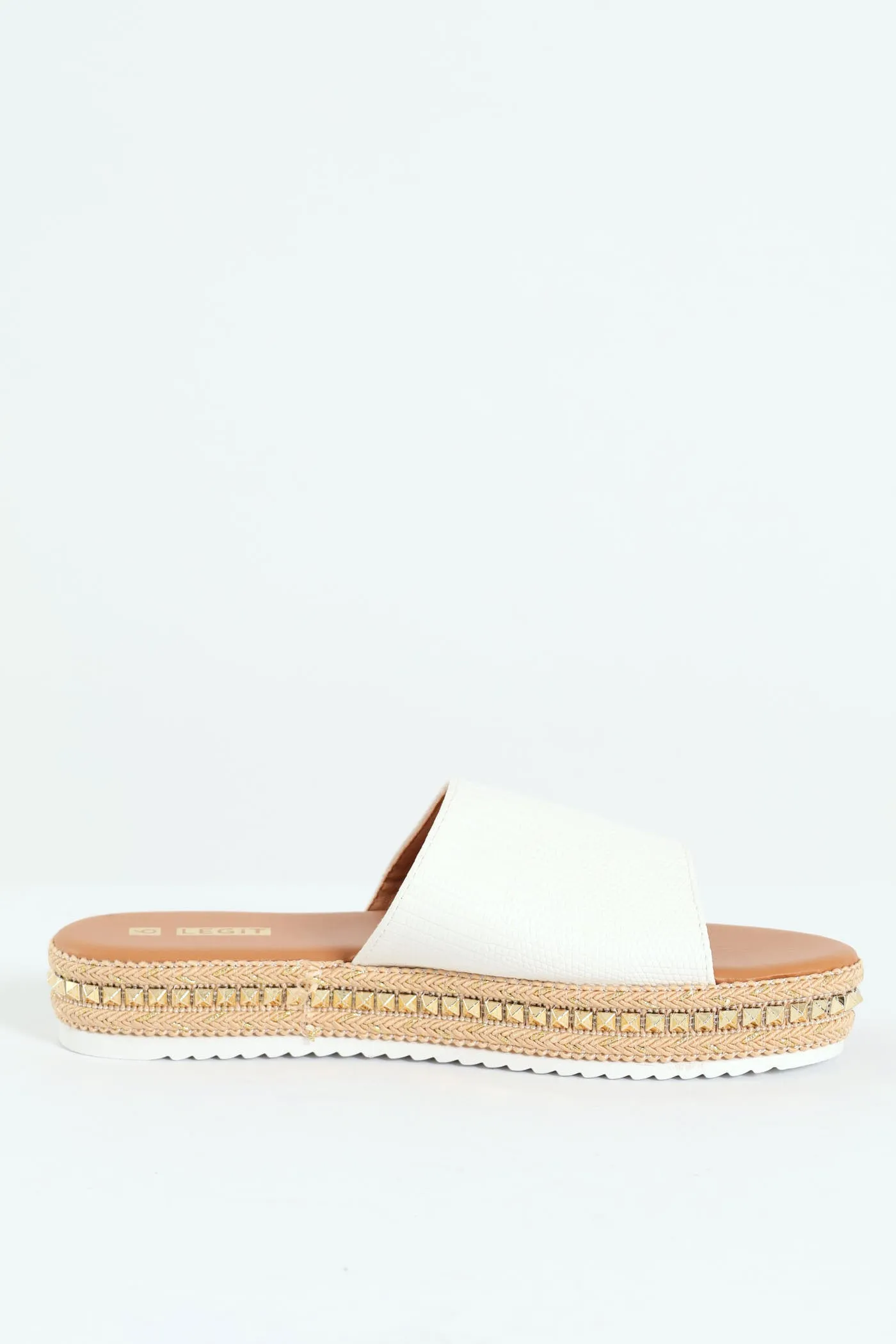 Flatform Studded Espadrille Croc Mule Sandal - White