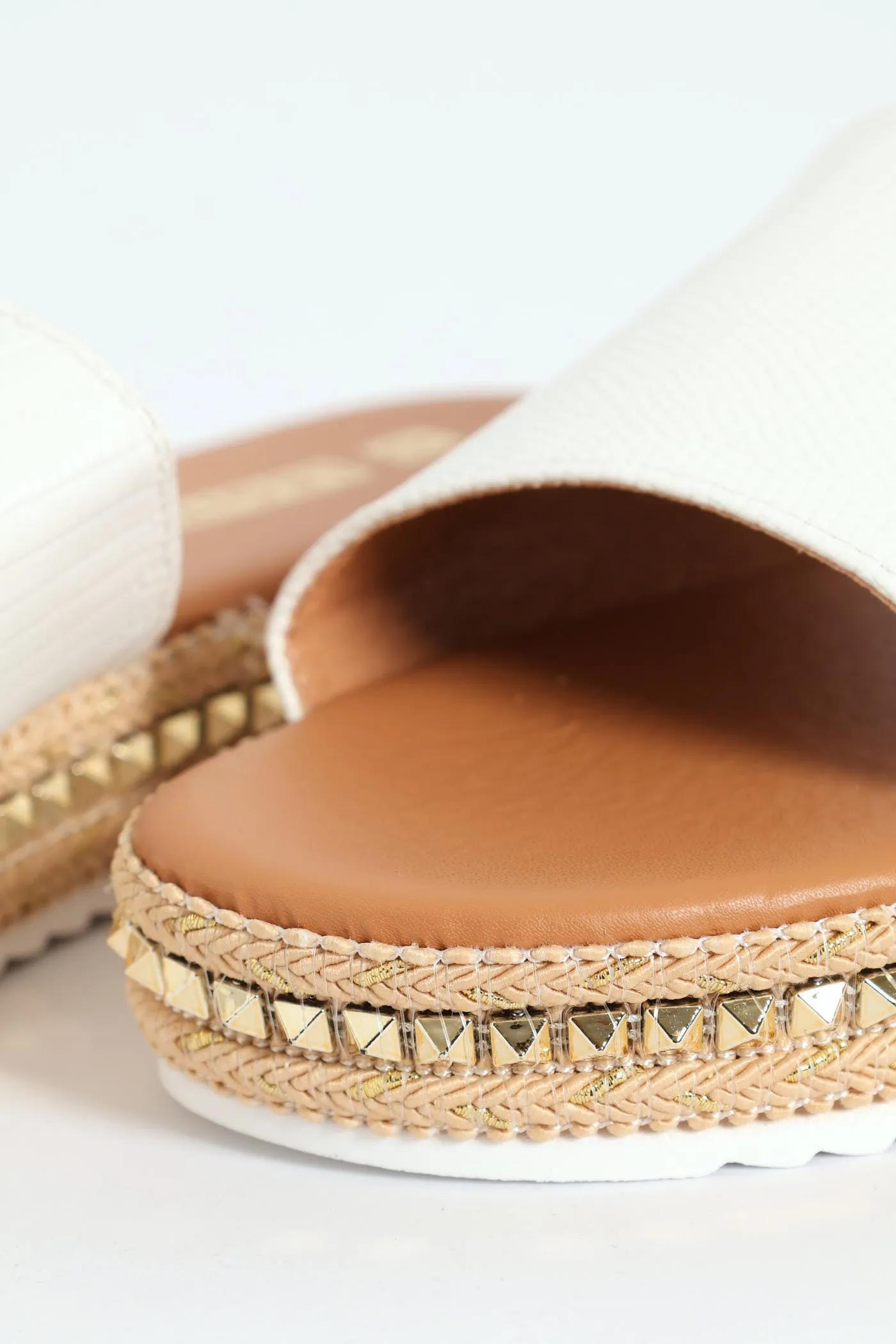 Flatform Studded Espadrille Croc Mule Sandal - White