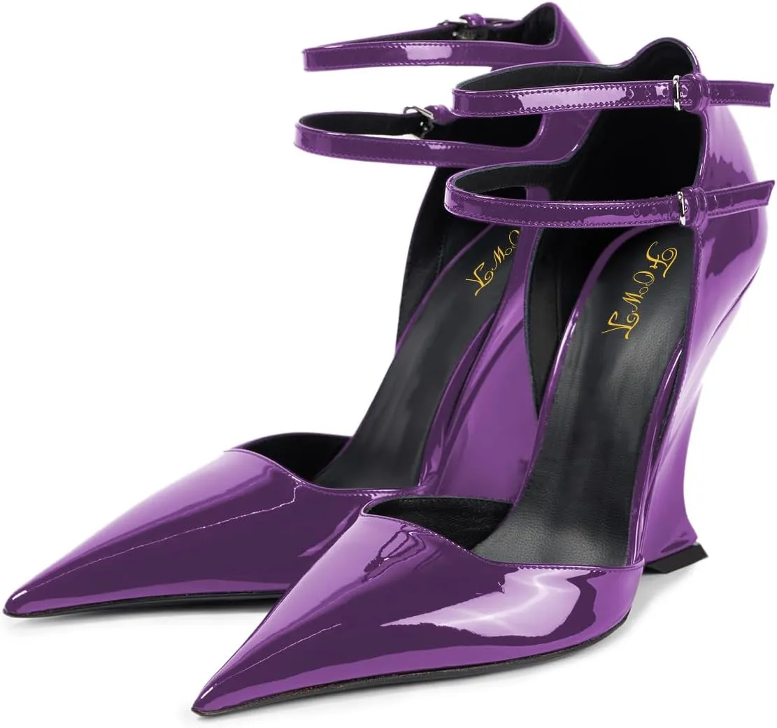 FOWT Women Glossy Patent Leather Wedge High Heel Pumps Pointed Toe Double Ankle Strap Chic Party Club Wedding Dressy Shoes Size 4-16 US