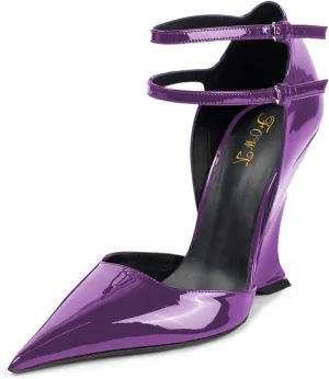 FOWT Women Glossy Patent Leather Wedge High Heel Pumps Pointed Toe Double Ankle Strap Chic Party Club Wedding Dressy Shoes Size 4-16 US