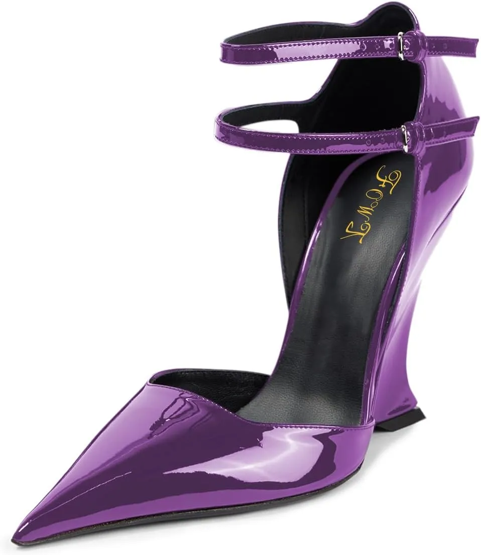 FOWT Women Glossy Patent Leather Wedge High Heel Pumps Pointed Toe Double Ankle Strap Chic Party Club Wedding Dressy Shoes Size 4-16 US
