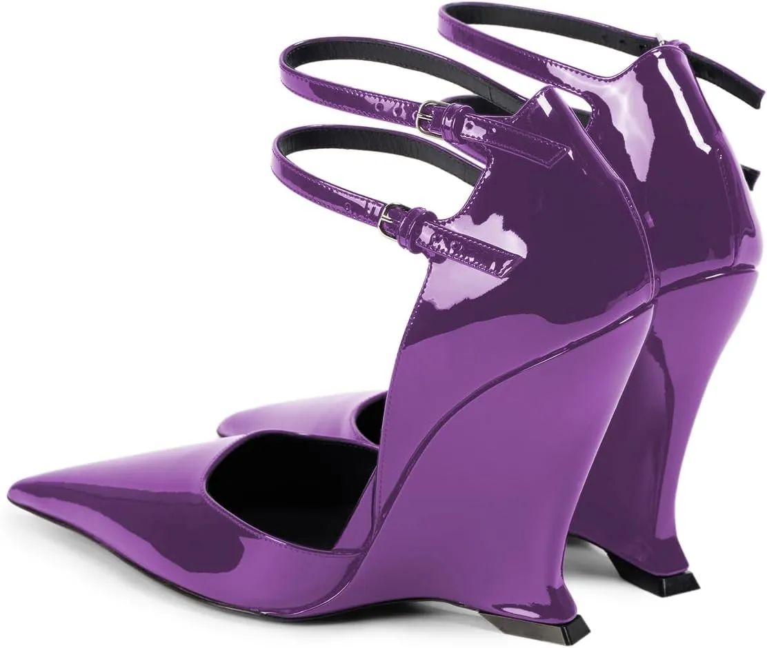 FOWT Women Glossy Patent Leather Wedge High Heel Pumps Pointed Toe Double Ankle Strap Chic Party Club Wedding Dressy Shoes Size 4-16 US
